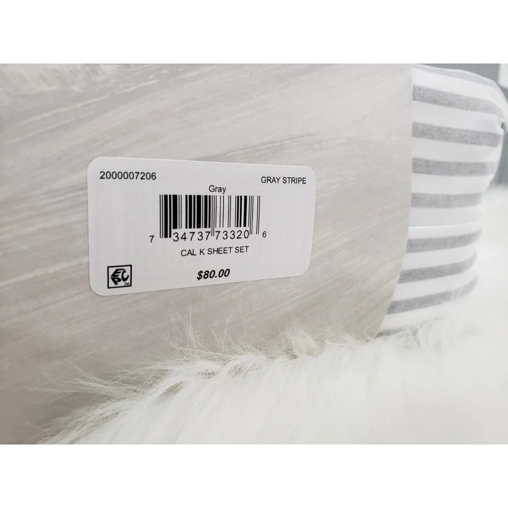 GRAY WHITE STRIPE FAIRFIELD SQUARE 4 PIECE SHEET SET CALIFORNIA KING CALI FITTED